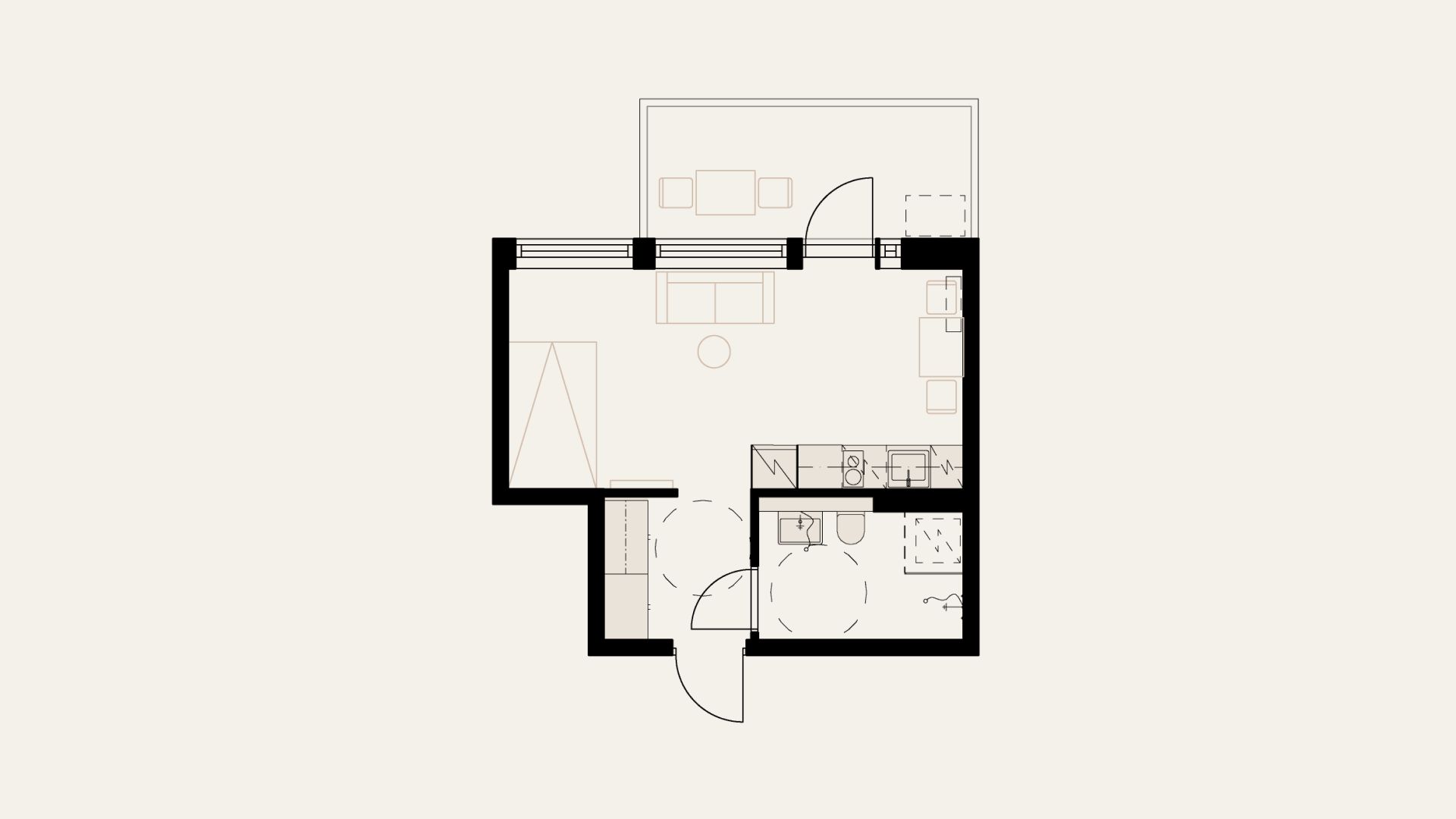 Yksiö, jossa ikkunat yhdellä seinällä ja tilaa sängylle.