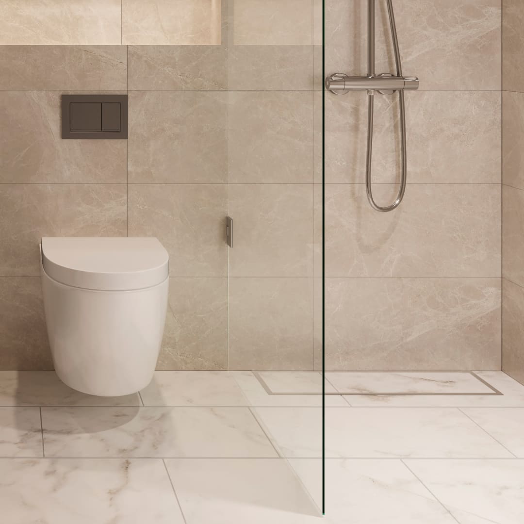 Bathroom with soft beige coloured big tiles