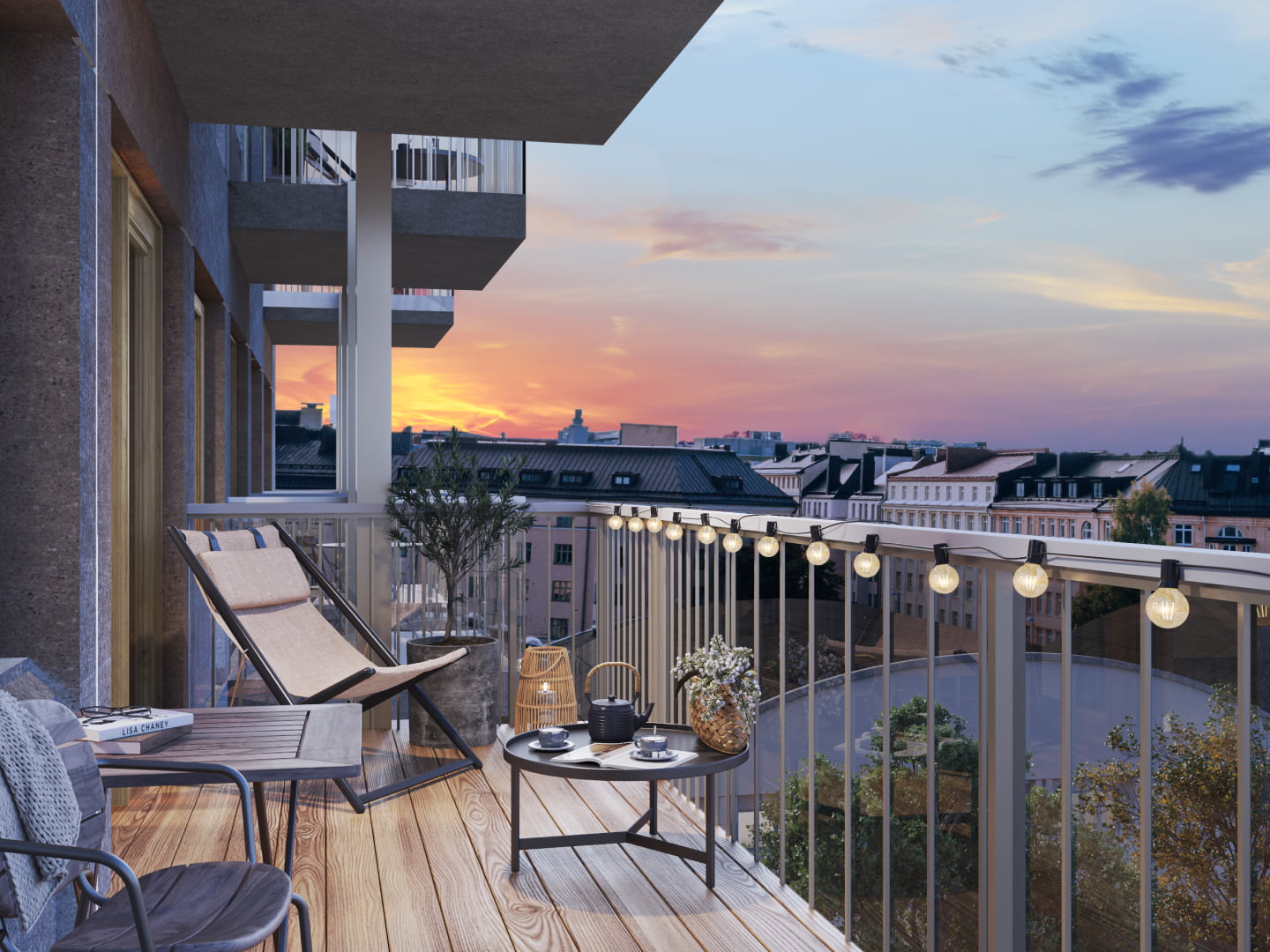View from 76&Piha balcony over the roofs of Töölö