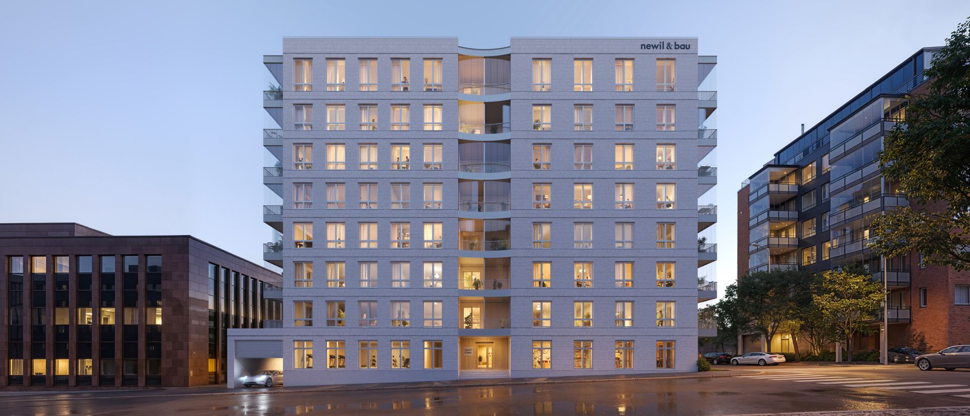 N&B Lauttasaari julkisivu illalla.