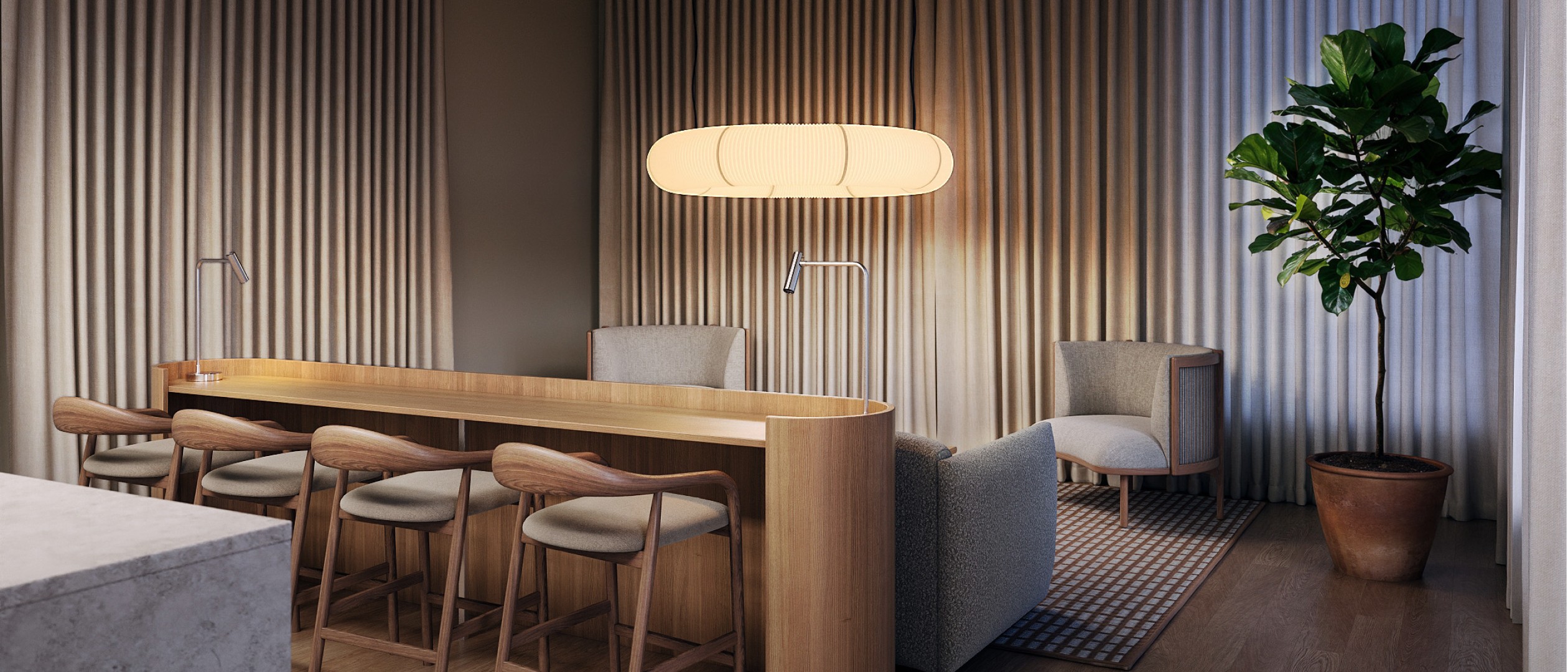 The Gen2 concept lounge in evening light.