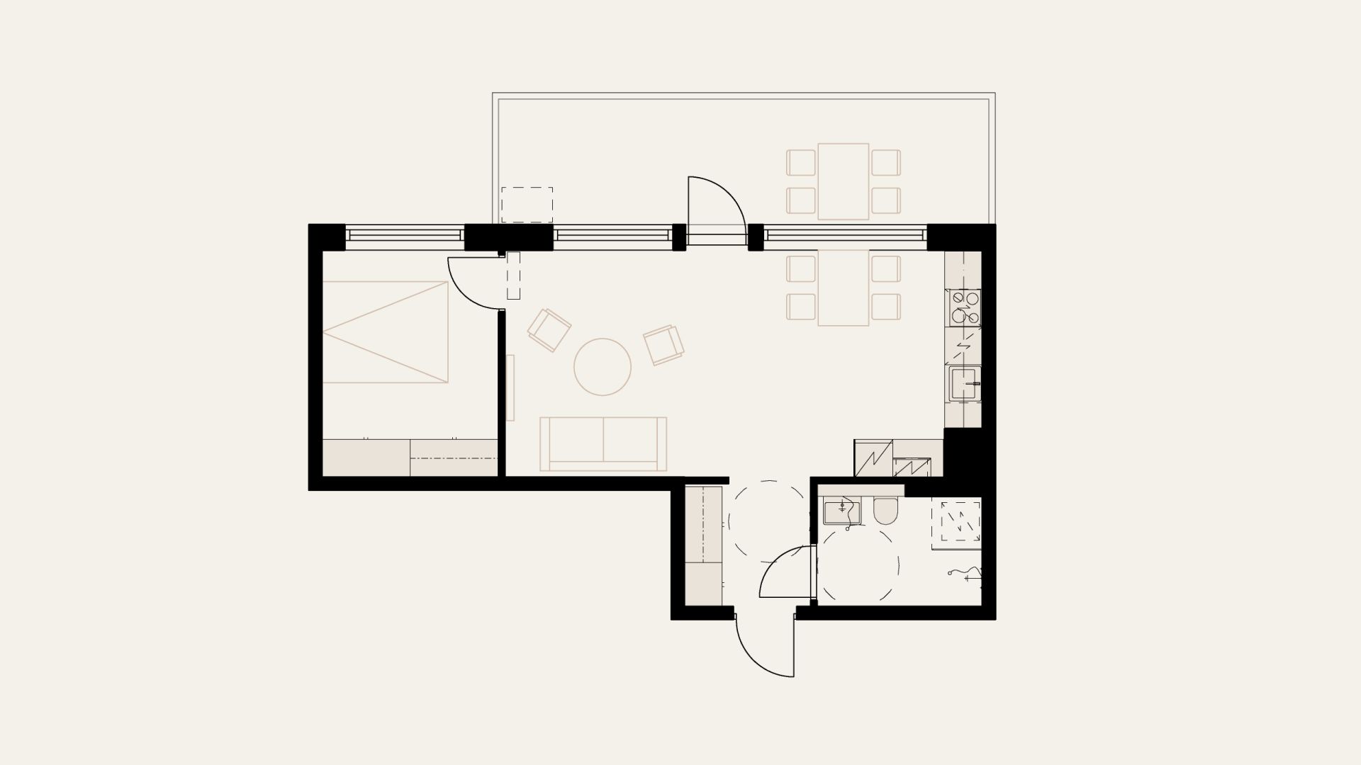 Kaksio, jossa oleskelutilan lisäksi erillinen makuuhuone.