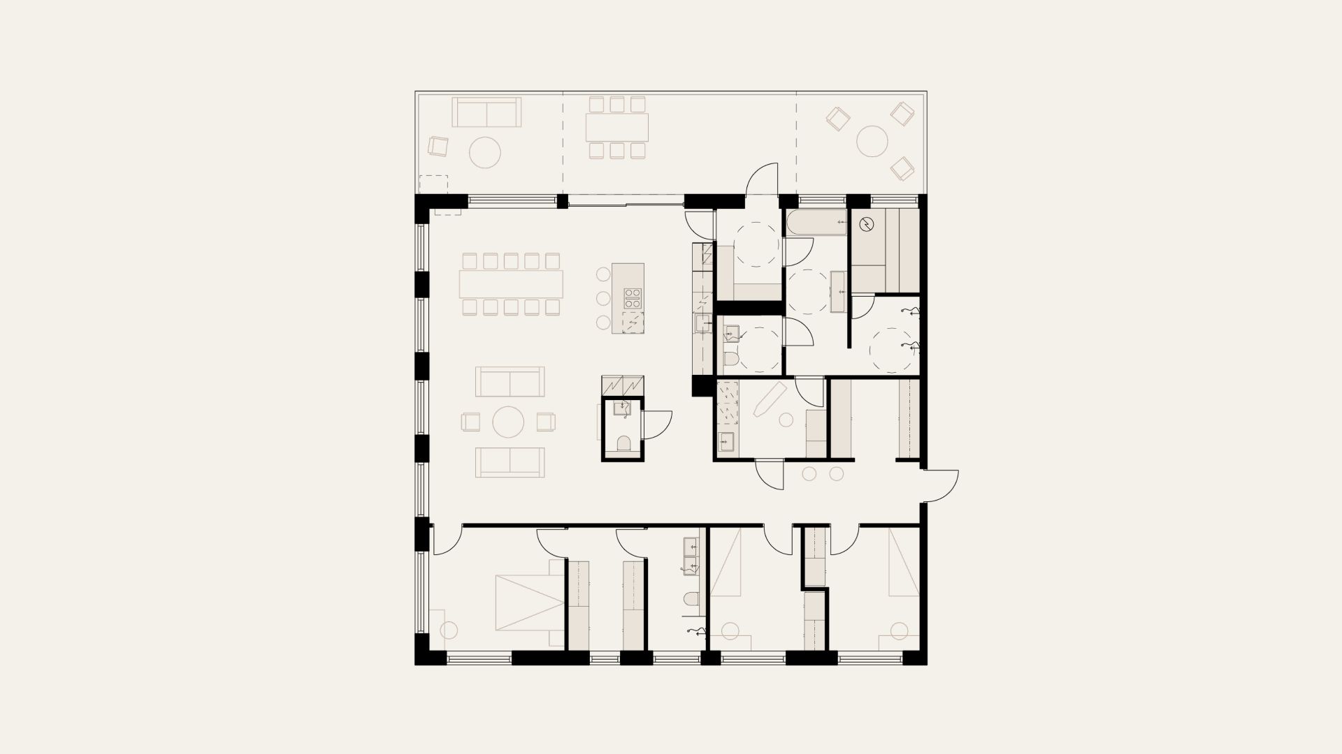 Kattohuoneisto, jonka laajat panoraamanäkymät ja kattoterassi ihastuttavat.