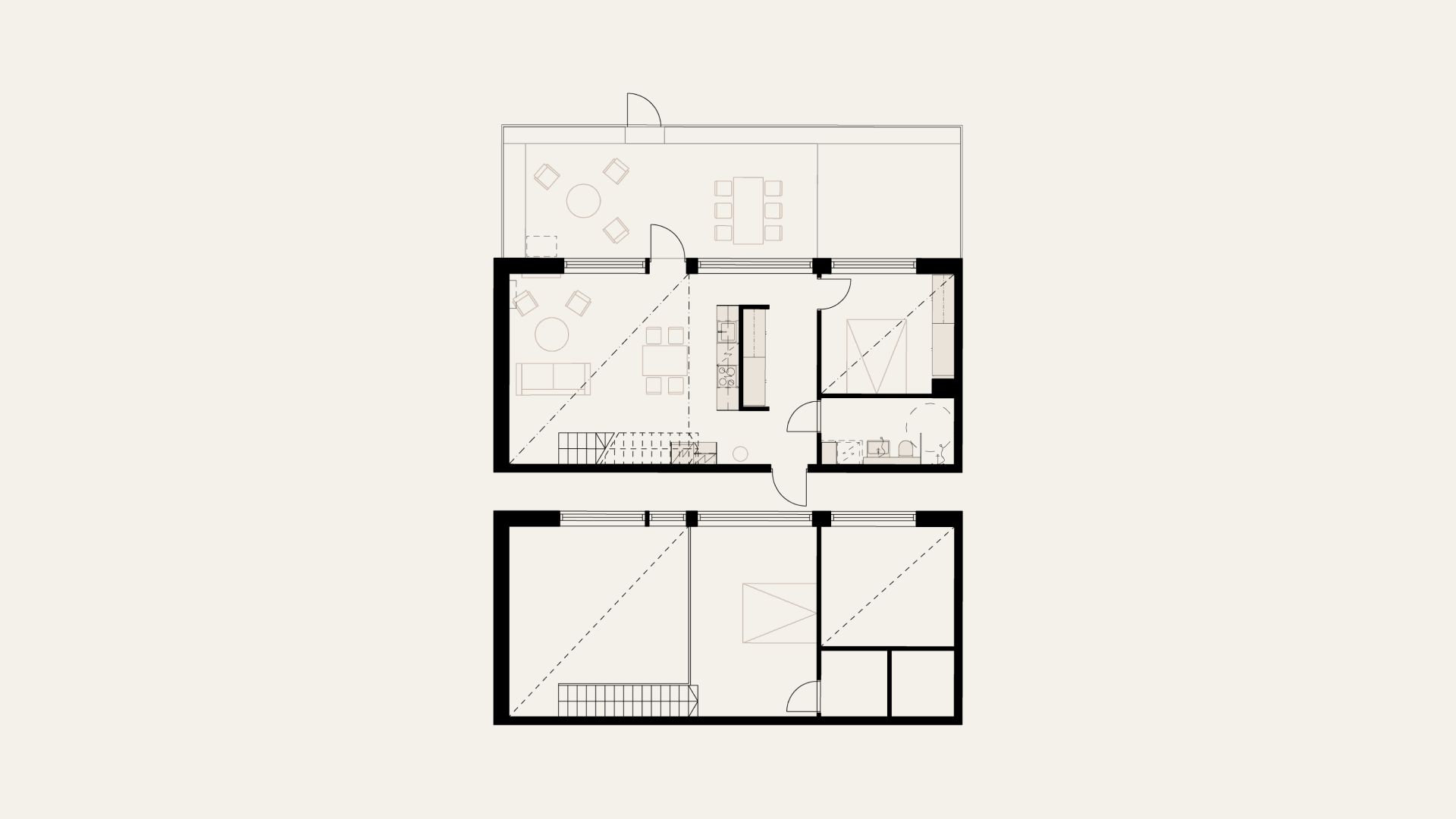 Loft-asunto parvella ja suurilla ikkunoilla
