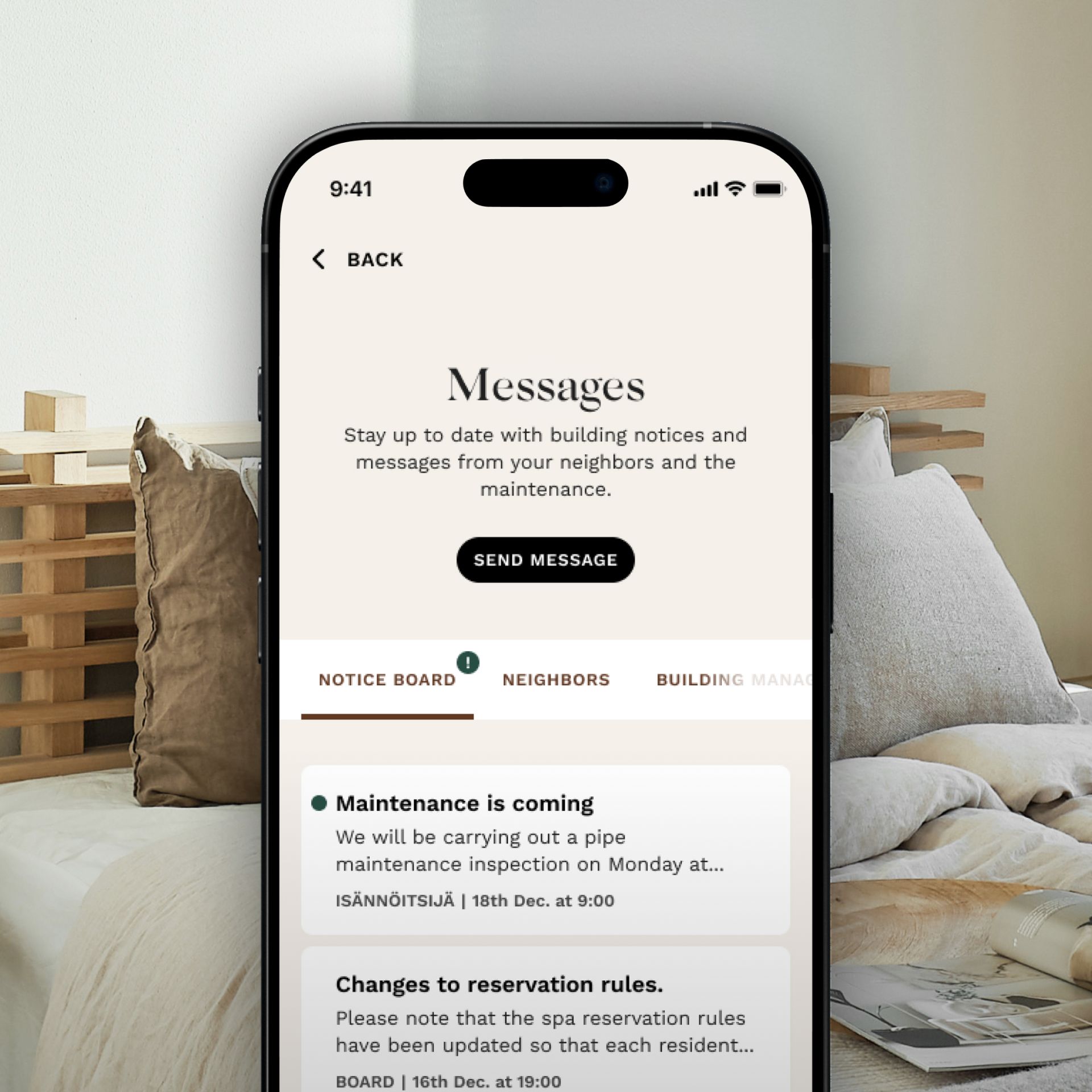 N&B-sovellus, jossa on viestejä taloyhtiöltä ja naapureilta