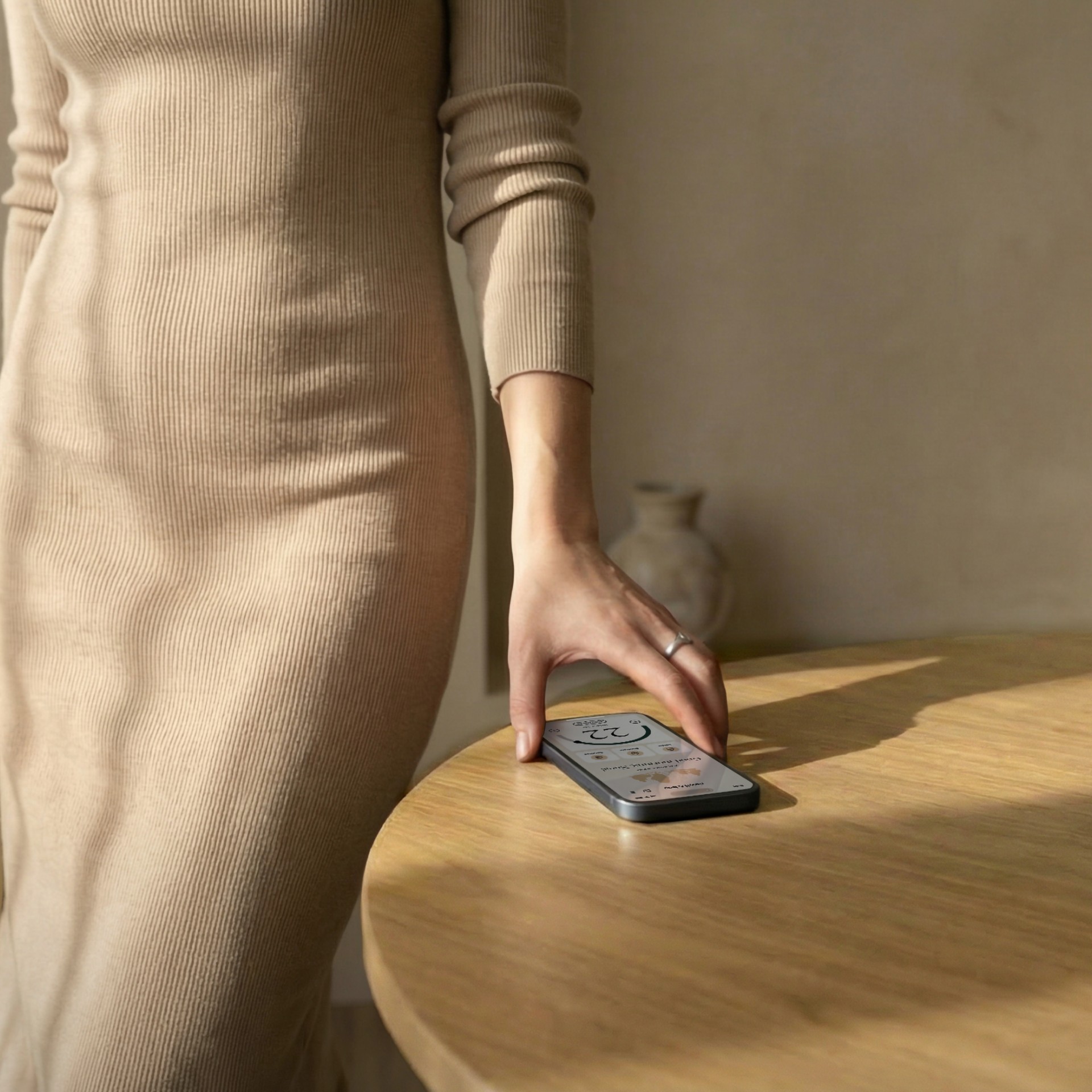Nainen käyttää älypuhelinta puupöydällä, ja puhelimen näytöllä näkyy uusi N&B-mobiilisovellus modernissa ja minimalistisessa sisätilassa.